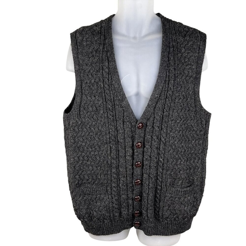 Woolmark Wool Men L Made In Ireland Cable Knit Vest Pocket Fisherman Grandpacore